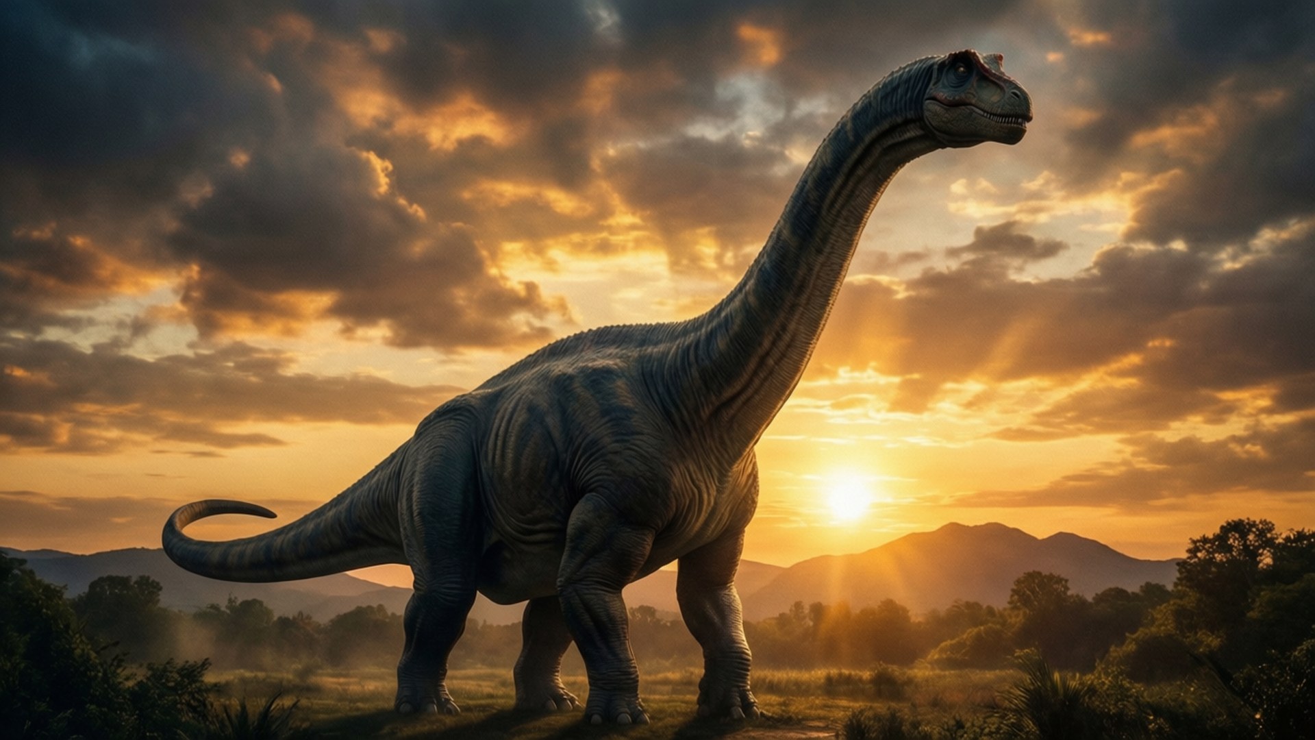Silhuet af en Brachiosaurus mod en dramatisk Jurassic Park solnedgang.