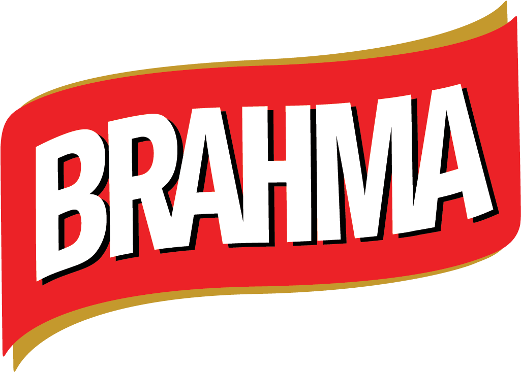 Brahma Logo Design PNG — Bold red and gold Brahma beer logo with white stylized text on a black background.