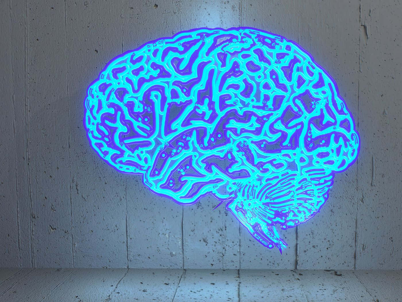 A Blue Neon Brain On A Wooden Floor
