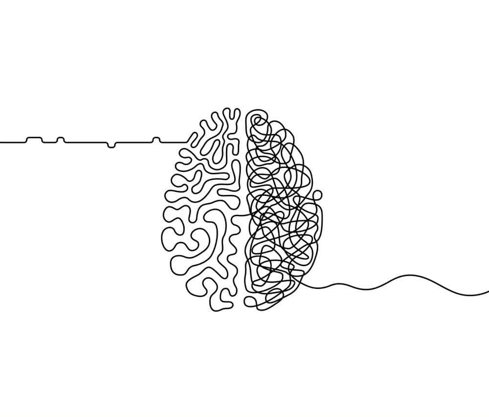 En linietegning af et hjerne og en bølge mønster i monokrom