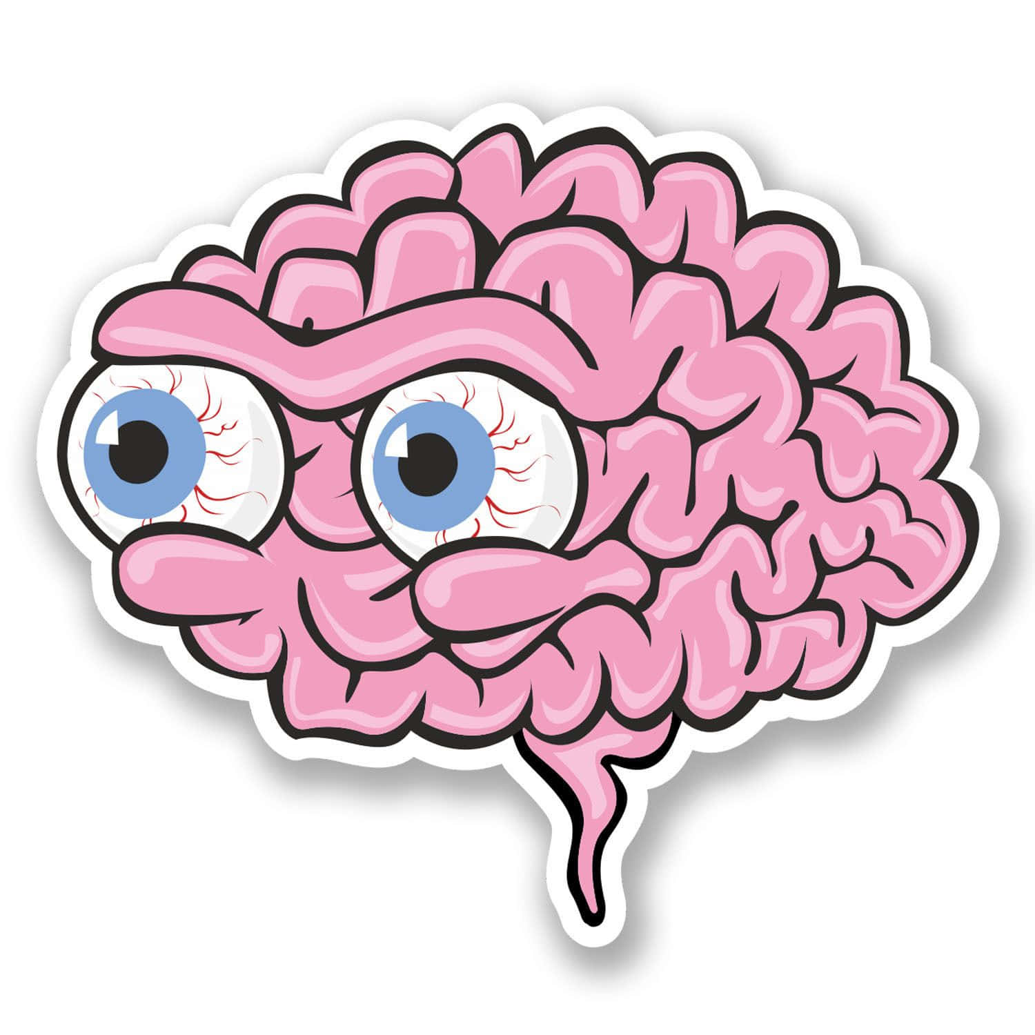 En pink hjernesticker med øjne og en mund