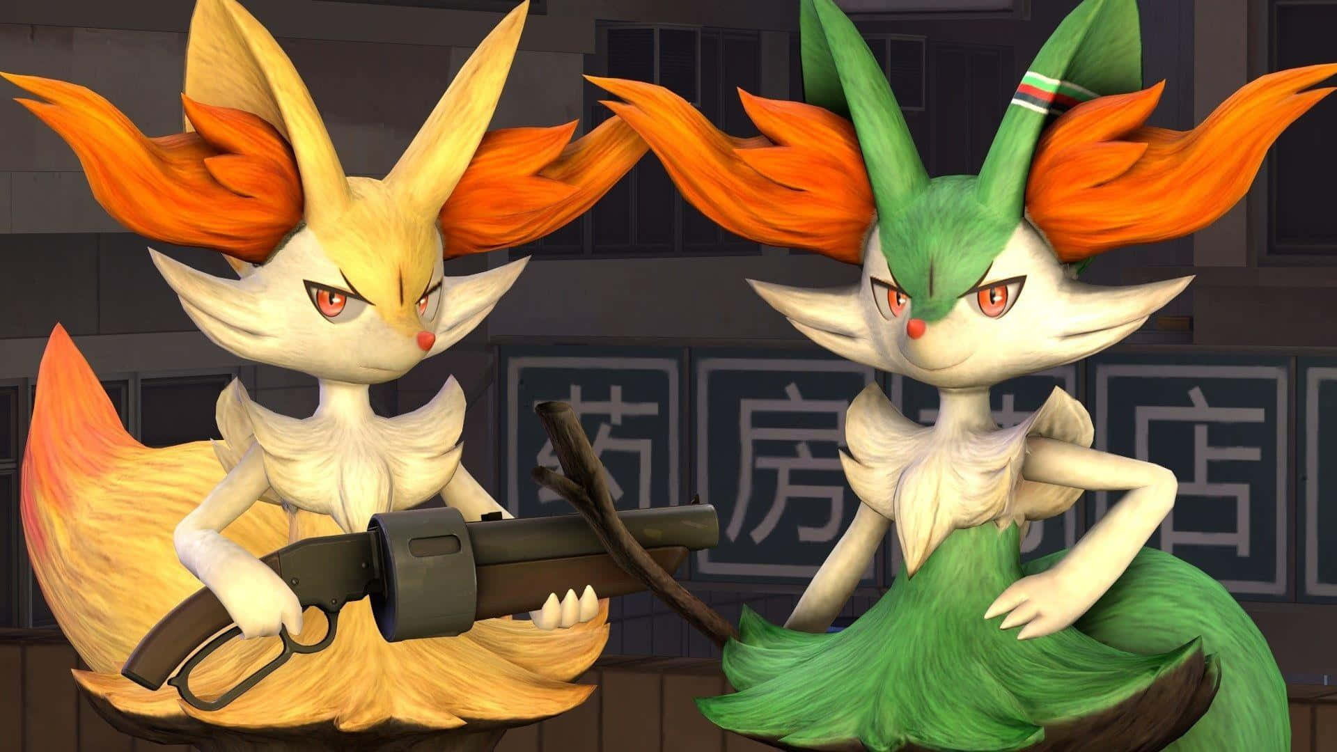 Braixen Duo Actie Pose Achtergrond