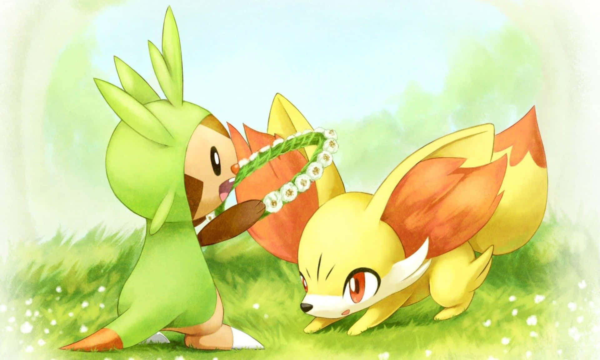 Braixenand Chespin Friendly Playtime Wallpaper