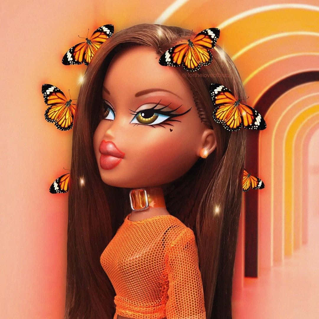 A Doll With Long Hair And Butterflies On Her Head