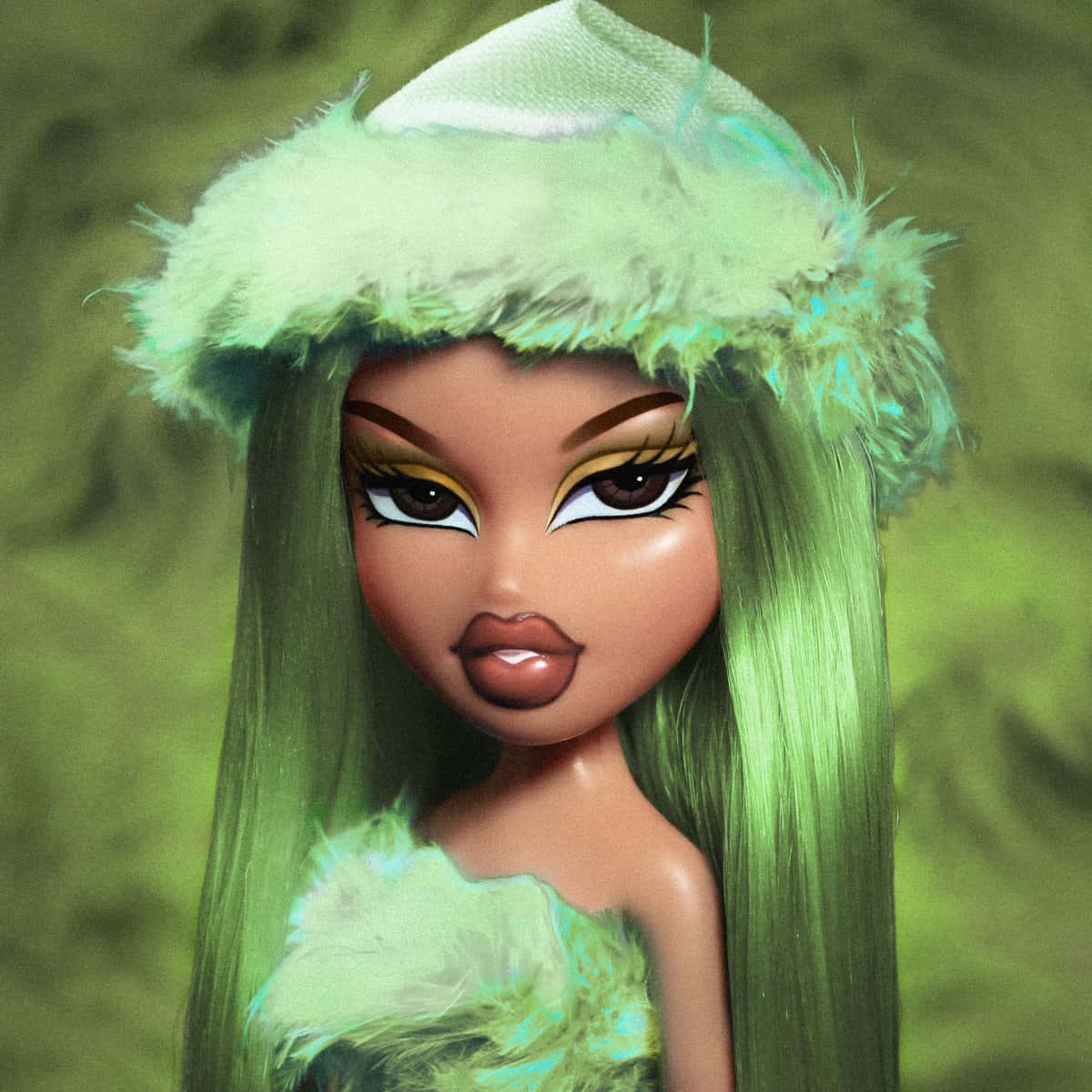 A Doll With Long Green Hair And A Furry Hat
