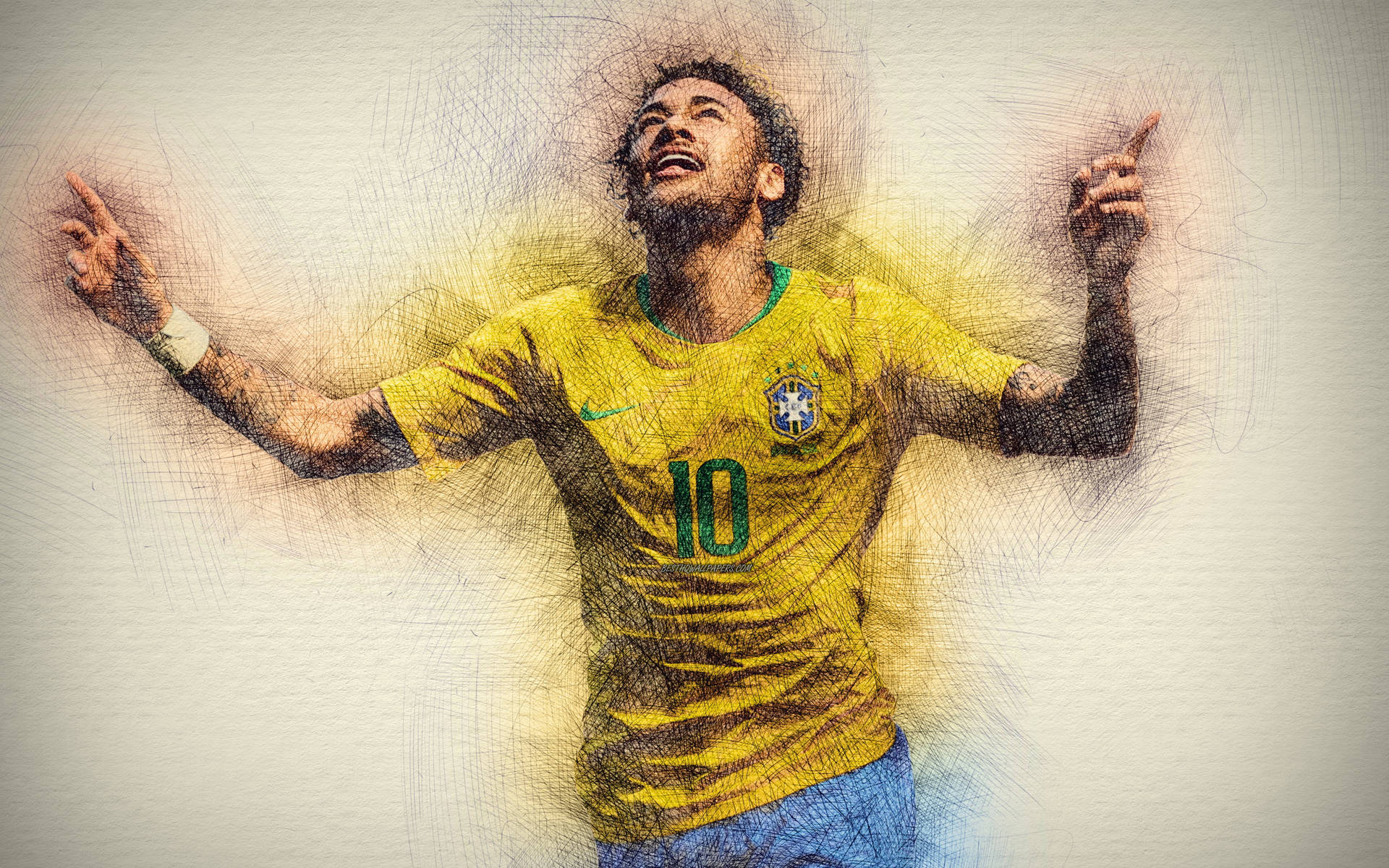 Brasilienslandslag I Fotboll Neymar Penna-stil Konstverk. Wallpaper