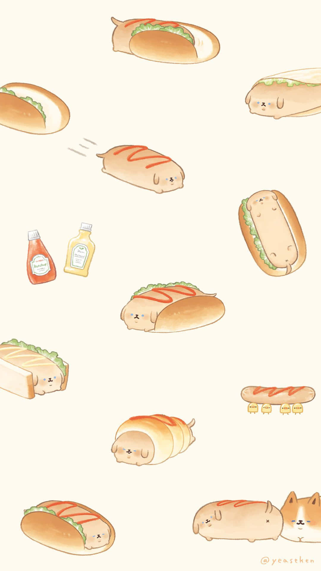 A Pattern Of Hot Dogs With Condiments On Them