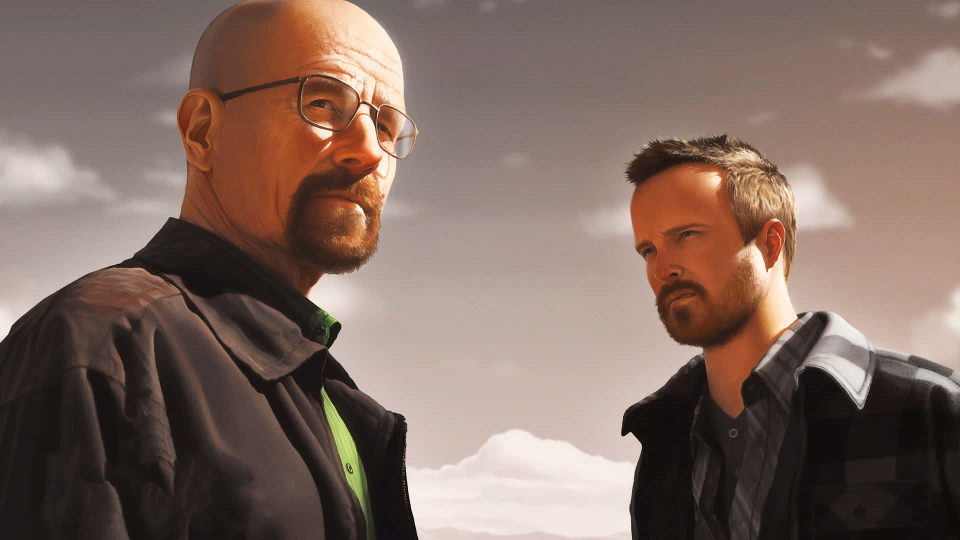 Download Breaking Bad Duo Standing Against Sky Wallpaper | Wallpapers.com