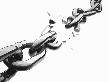 Breaking Chain Concept PNG — A broken metal chain with shattered links and flying debris against a stark white background.