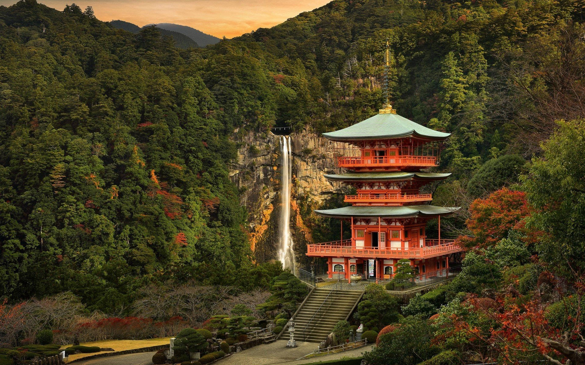 Breathtaking Japanese Nature Waterfalls Temple Wallpaper