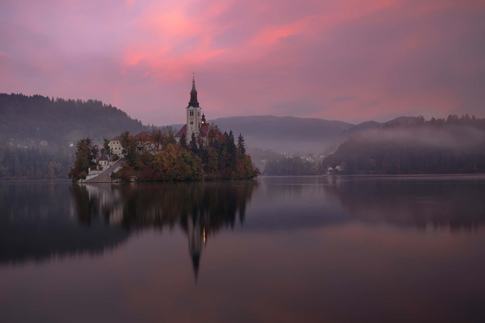 Breathtaking Twilight Scene In Lake Bled Wallpaper