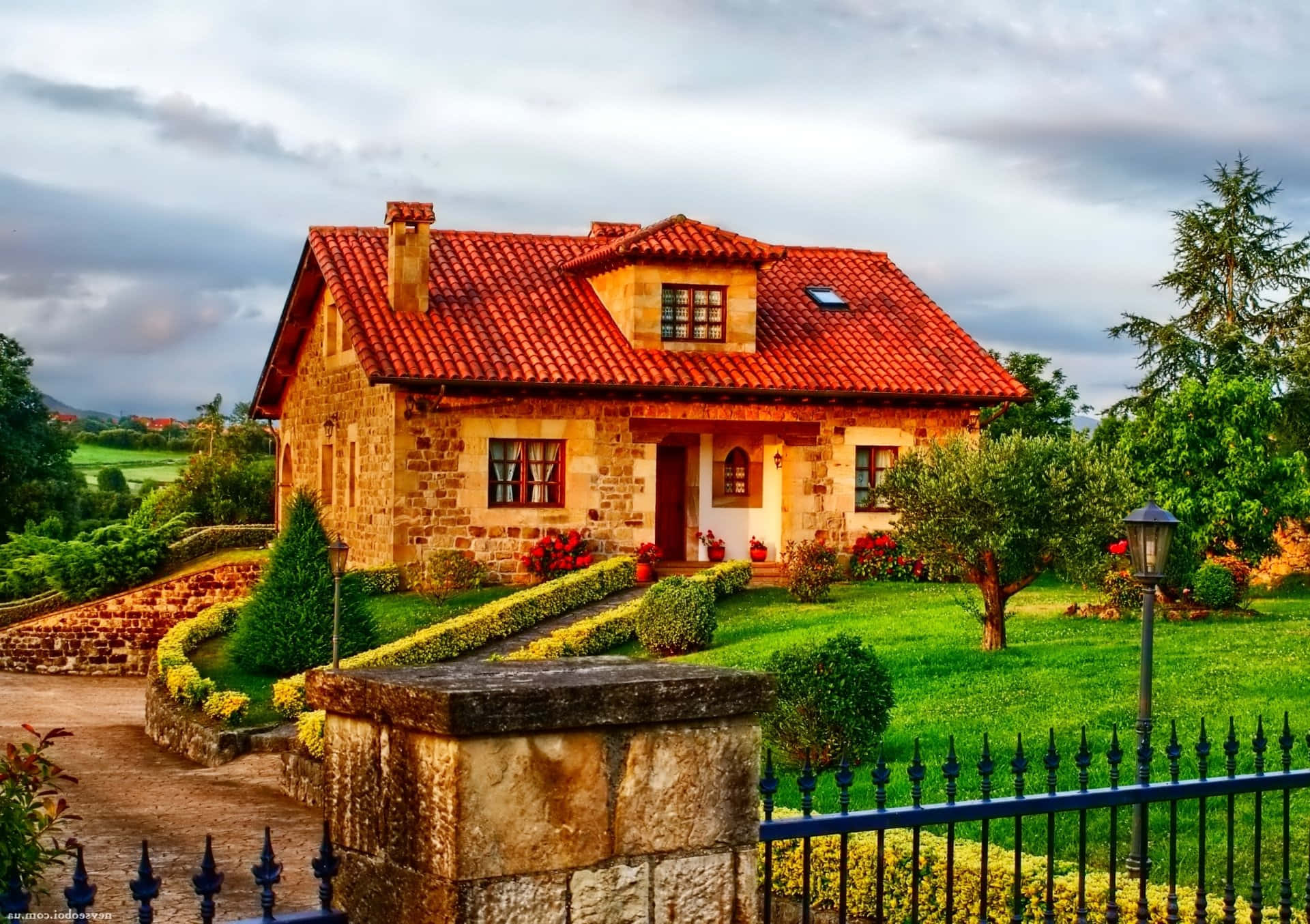 Brick House In English Countryside Background