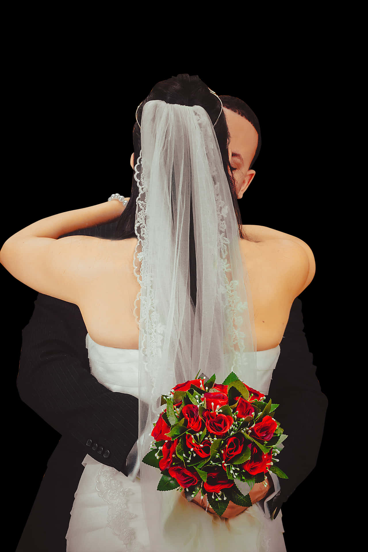 Brideand Groom Embracewith Bouquet PNG