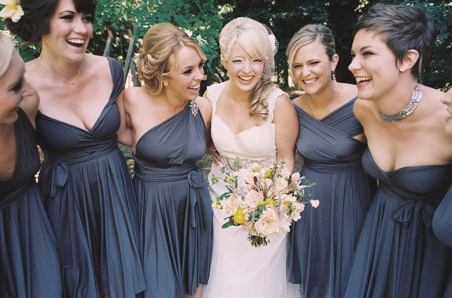 Bride Bridesmaids Wearing Dark Gray Dresses Picture