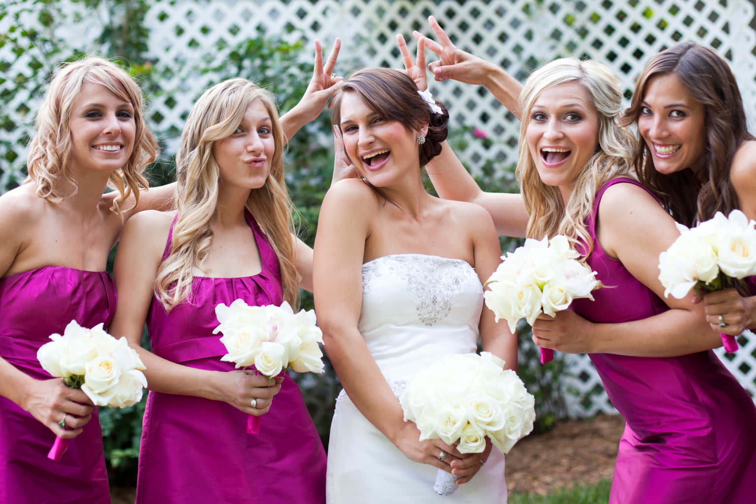 Bride Four Bridesmaids Wearing Violet Dresses Picture