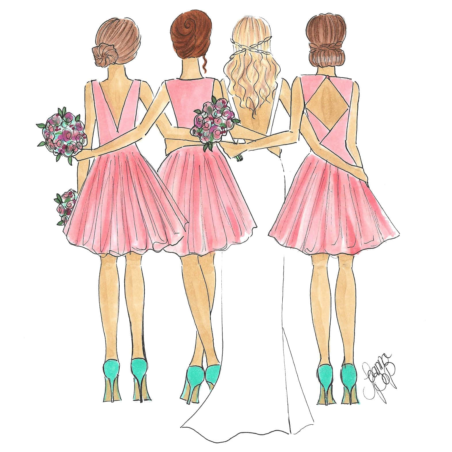 Bride With Three Bridesmaids Illustrated Picture