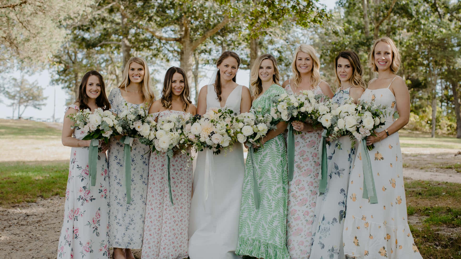 Bride Bridesmaids Wearing Floral Dresses Picture