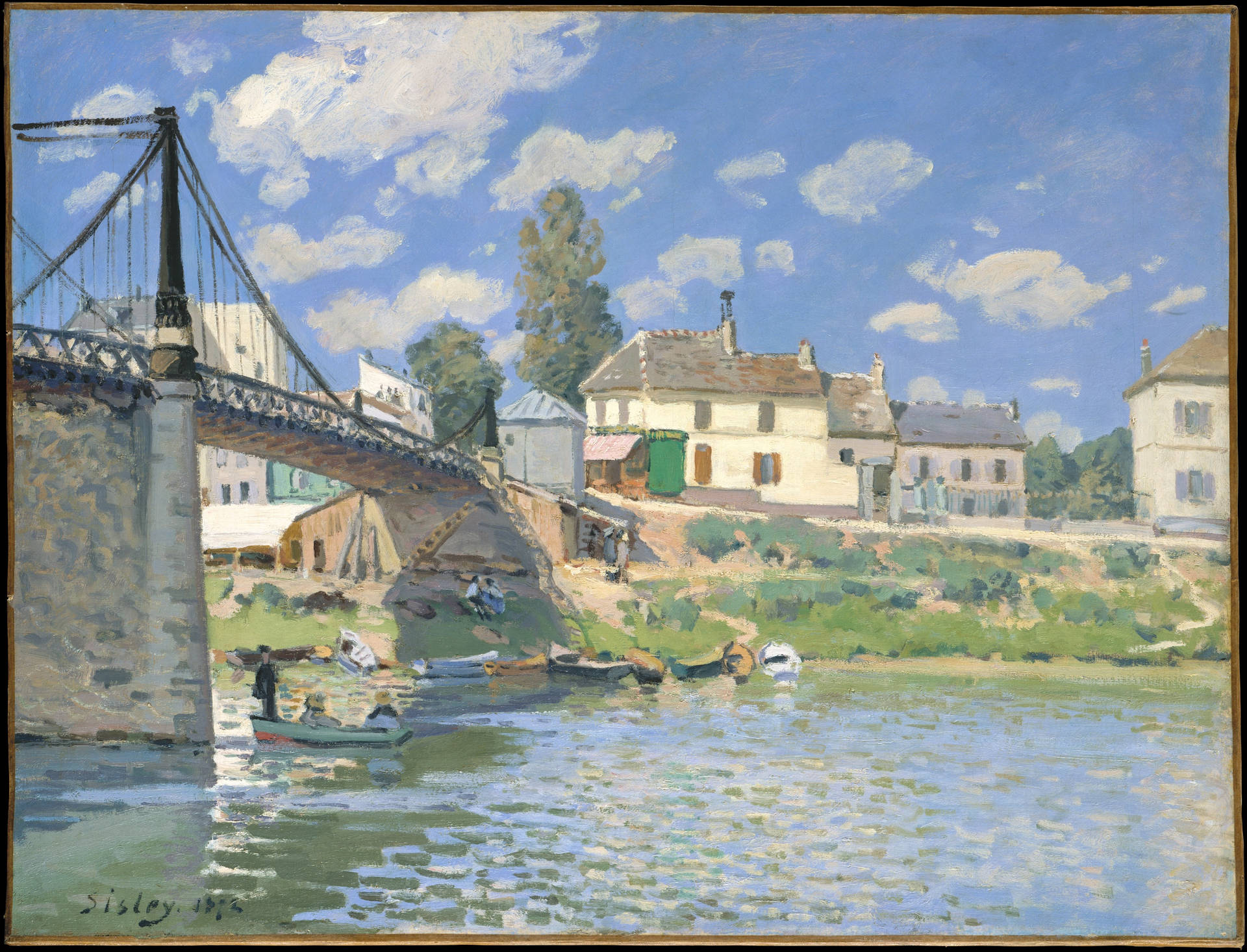 Caption: Graceful Serenity - The 'Bridge at Villeneuve' Impressionist Art Wallpaper