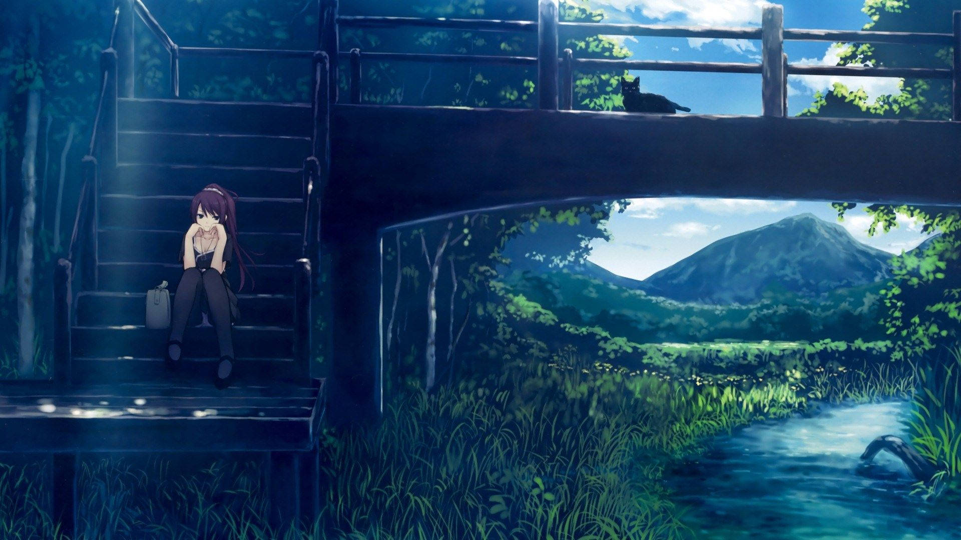 Sad anime girl standing on a bridge Wallpaper