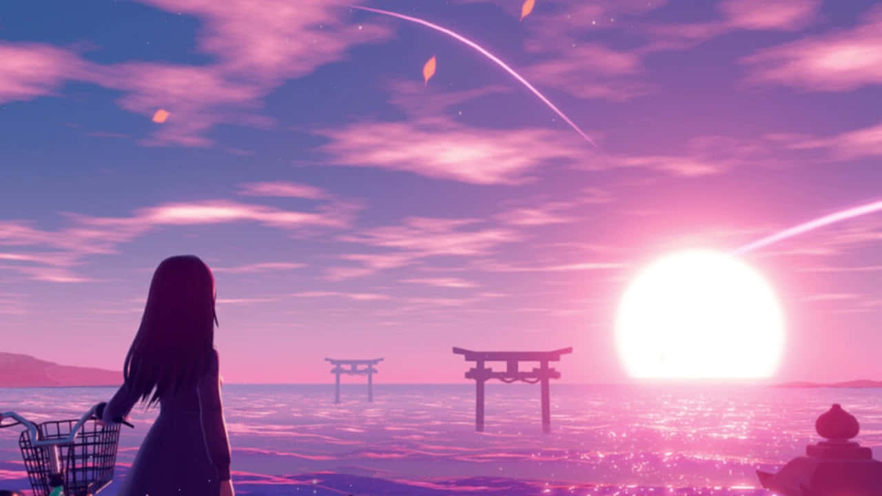 Bright Anime Girl Watching Sunset Wallpaper