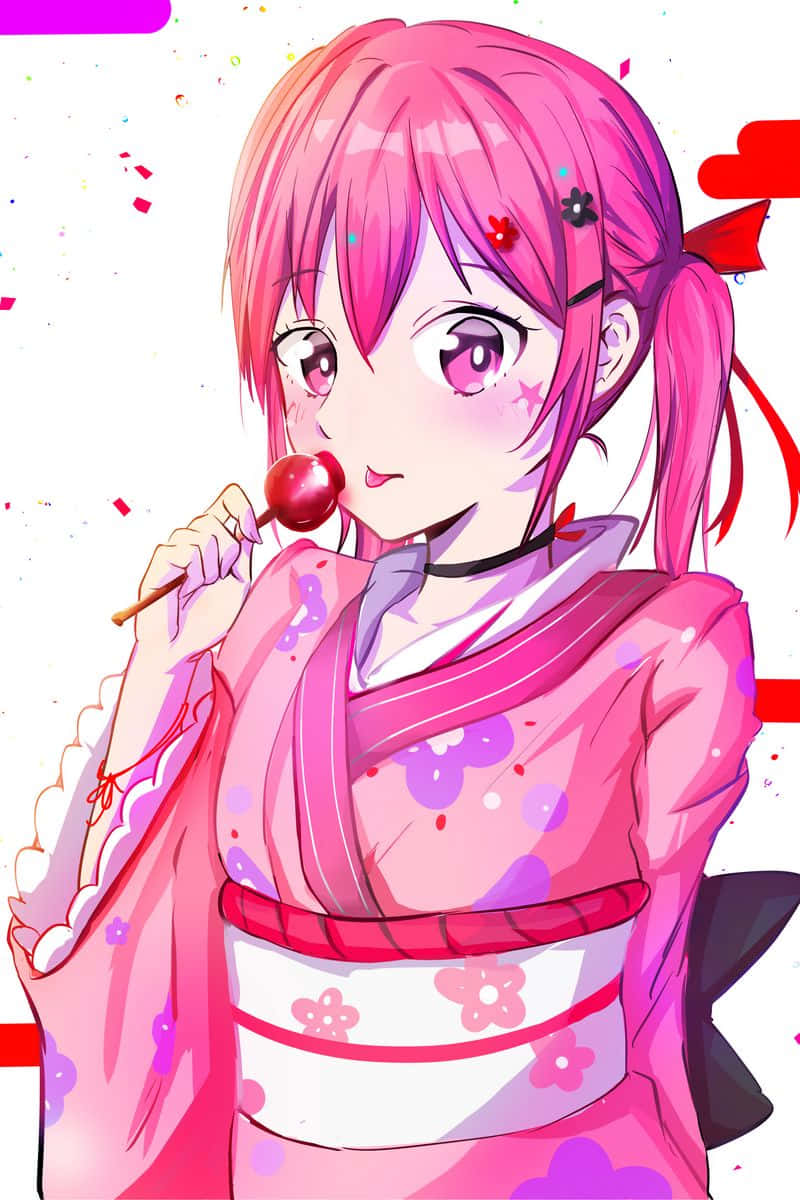 Caption: Enchanting Anime Girl with Pink Lollipop Wallpaper