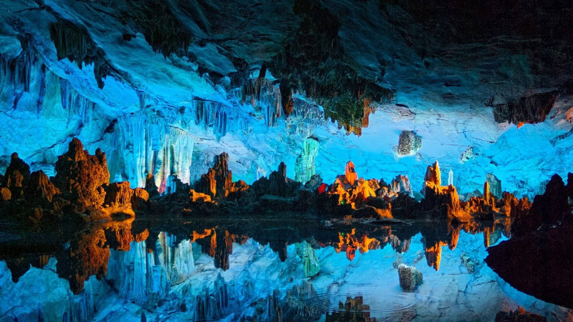 Bright Blue Reed Flute Cave Wallpaper