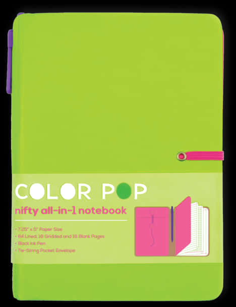 Bright Green Notebookwith Penand Pocket PNG