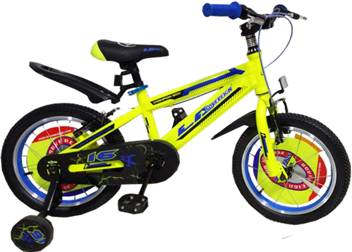 Bright Yellow Kids Bikewith Training Wheels PNG