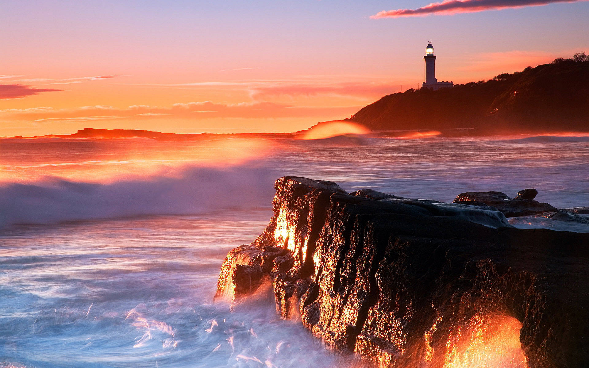 Brilliant Lighthouse Orange Sunset Wallpaper