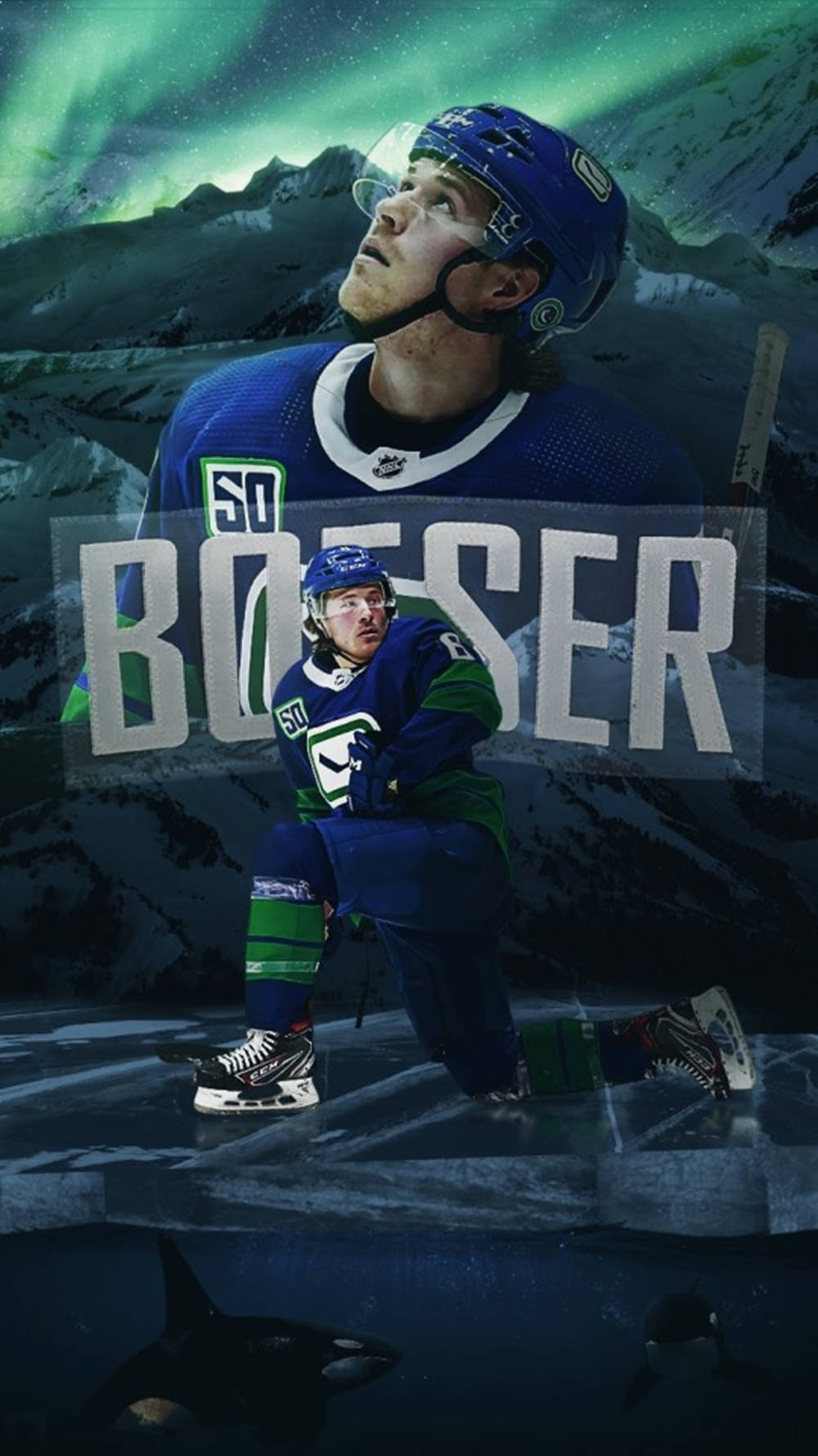 Pósterde Brock Boeser Jugando Hockey Sobre Hielo Bajo Las Luces Del Norte O La Imagen De Una Orca. Fondo de pantalla
