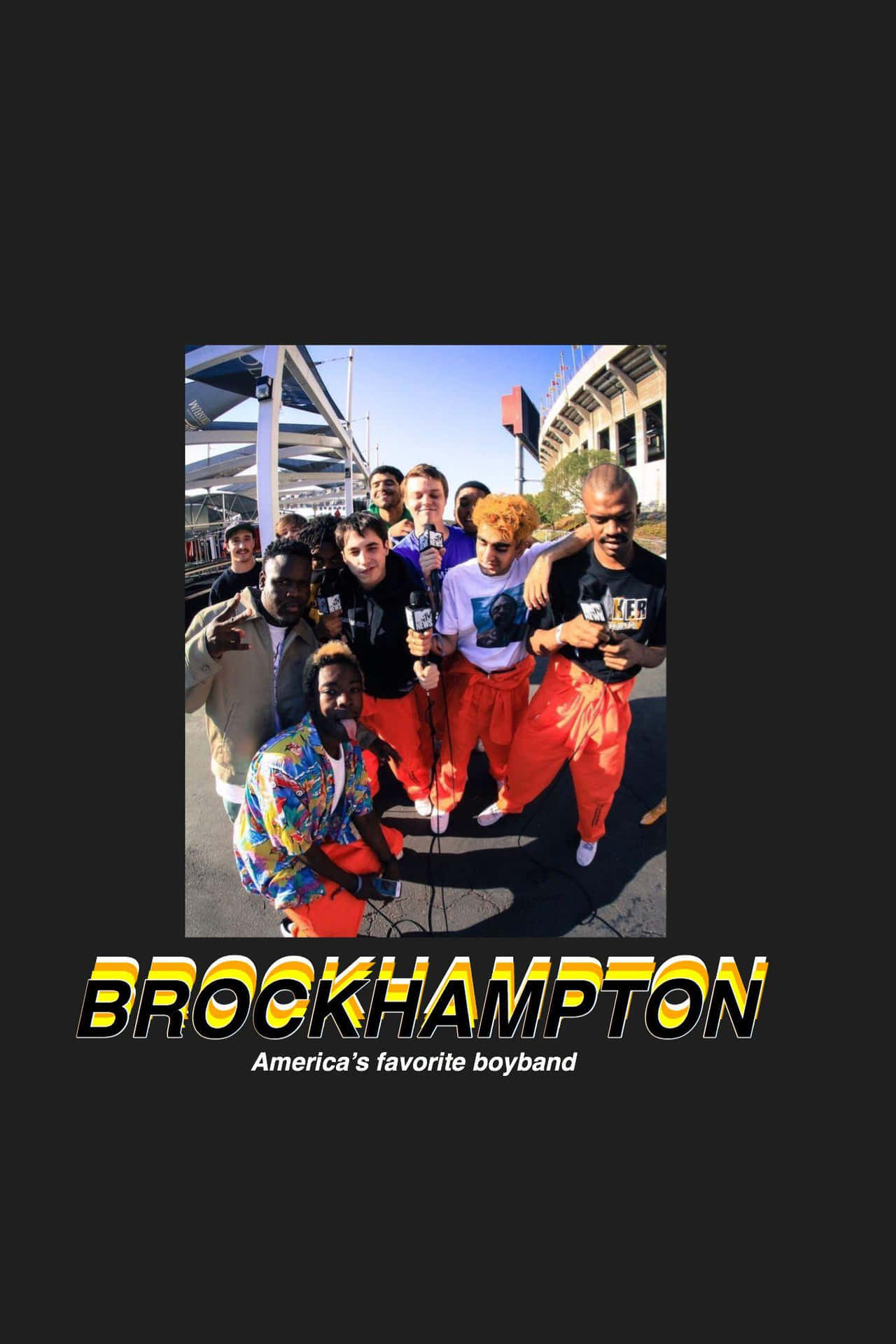 Brockhampton band members posed against a vibrant, colorful background Wallpaper
