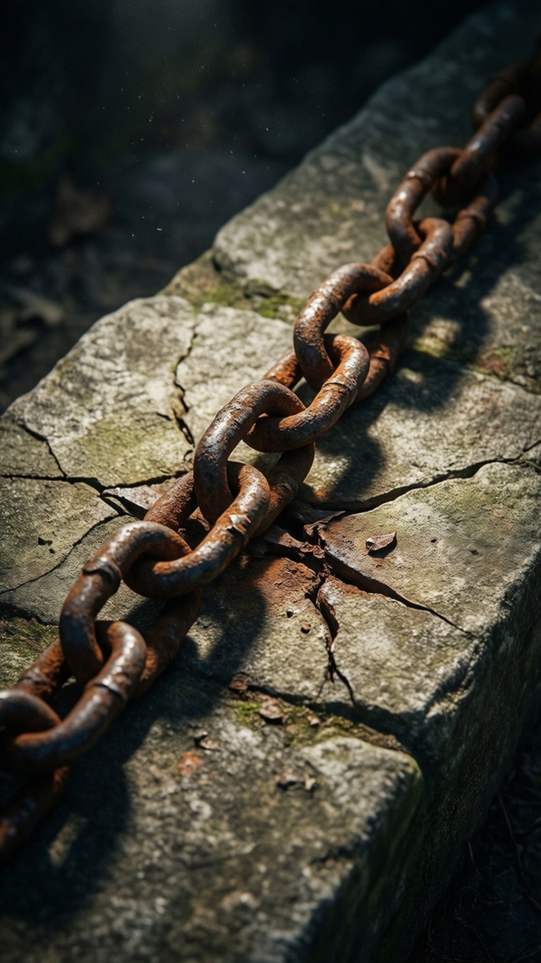 Una catena arrugginita rotta su pietra, che simboleggia liberazione e memoria.