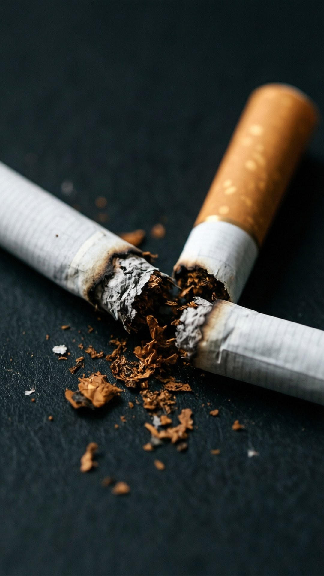 Close-up artistik dari rokok patah dengan tembakau yang tumpah.