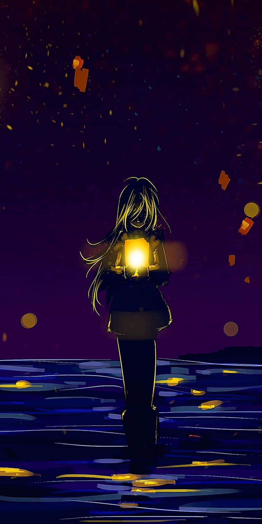 Chicade Anime Con El Corazón Roto Sosteniendo Una Lámpara. Fondo de pantalla