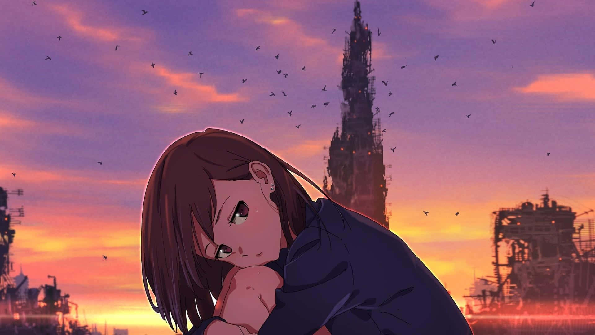 Chicade Anime Con El Corazón Roto Y Acurrucada. Fondo de pantalla
