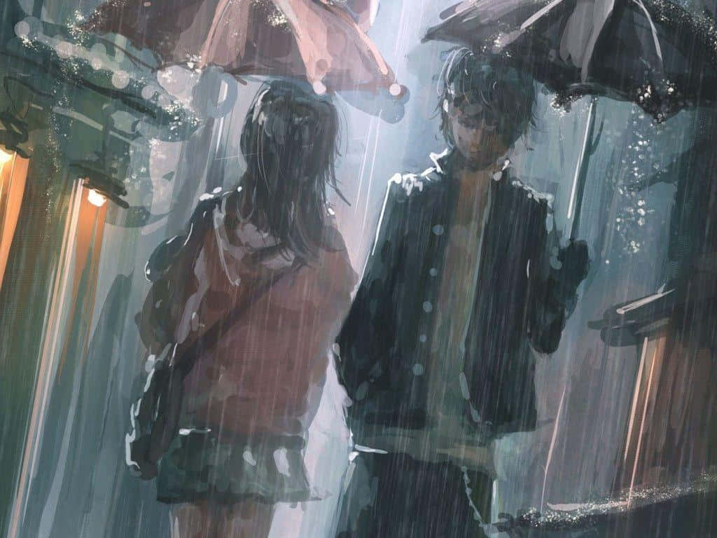 Parejade Anime Con El Corazón Roto Bajo La Lluvia. Fondo de pantalla