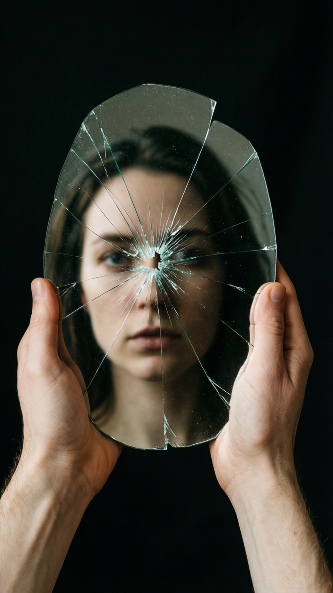 Hænder holder et knust spejl, der reflekterer et forvrænget ansigt, symboliserer splittet identitet.