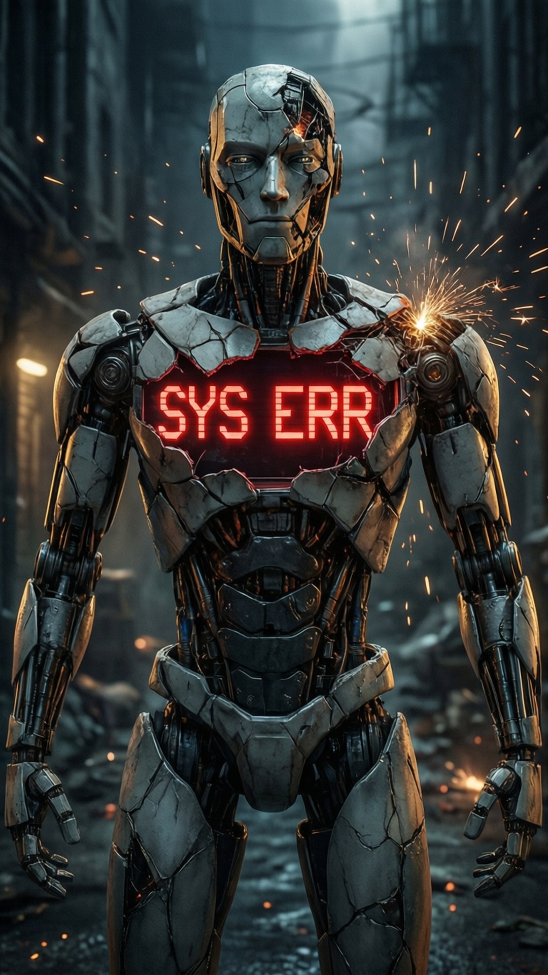 Beskadiget android viser systemfejl på brystet
