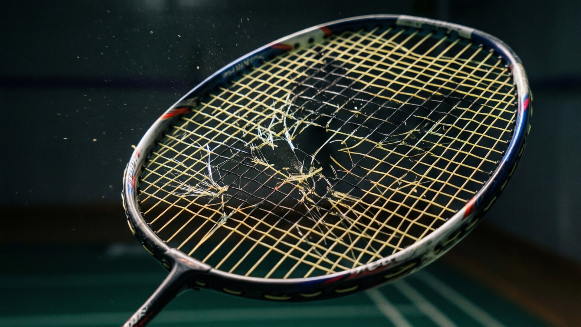 Een dramatische close-up van een badmintonracket met een gebroken snaar, donkere stemmige tonen.