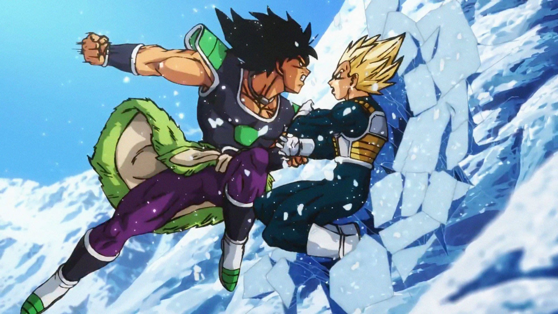 Broly and Vegeta face off in a moment of explosive energy Wallpaper