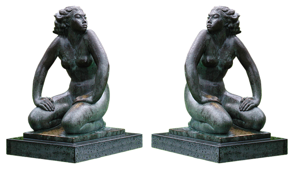 Bronze Mermaid Statue Twin Views PNG