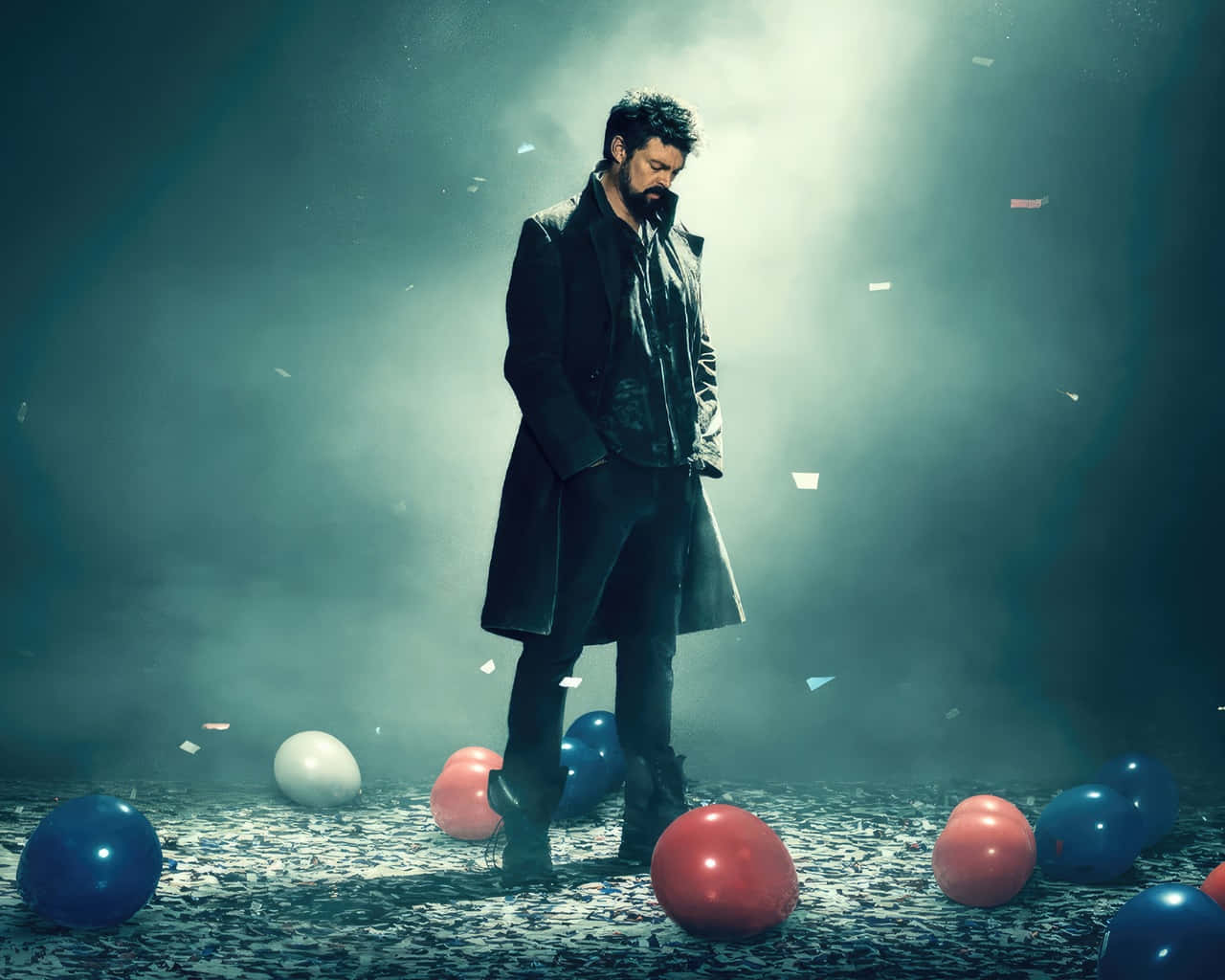 Brooding_ Figure_ Amidst_ Balloons_and_ Debris Wallpaper