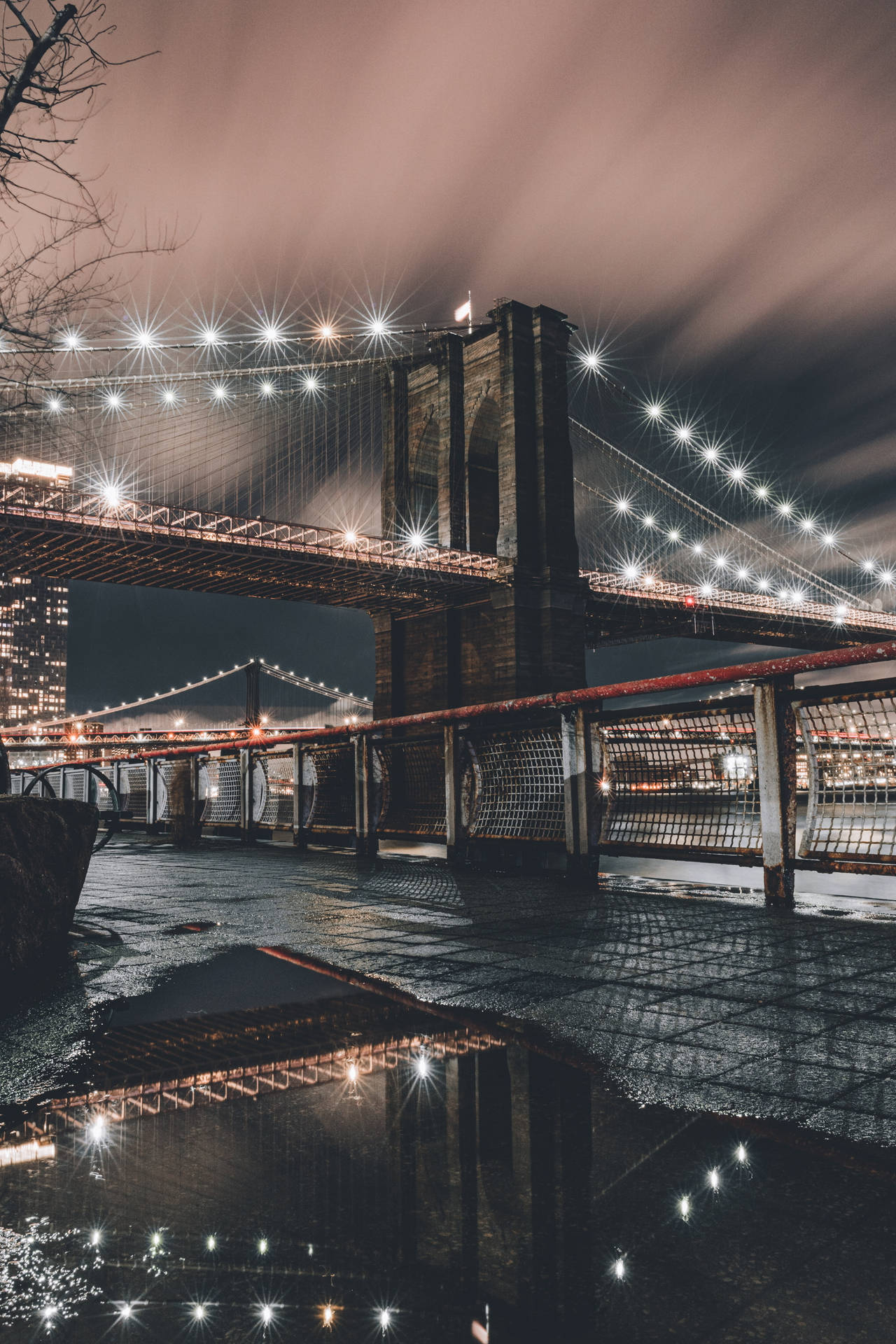 Sfondoper Iphone Della Notte Del Brooklyn Bridge Di New York Sfondo