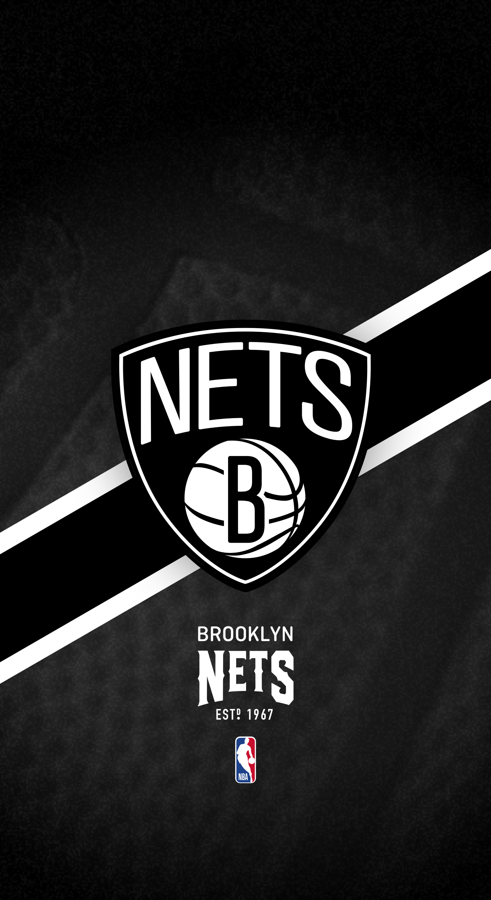 Brooklyn Nets background — Brooklyn Nets logo in bold white and black with diagonal stripes on a textured dark background.