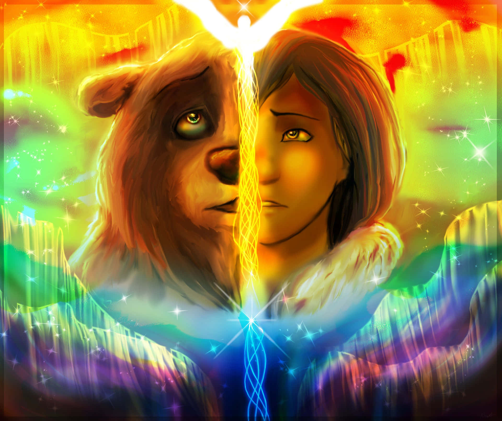 A Woman And A Bear In A Rainbow Colored Background