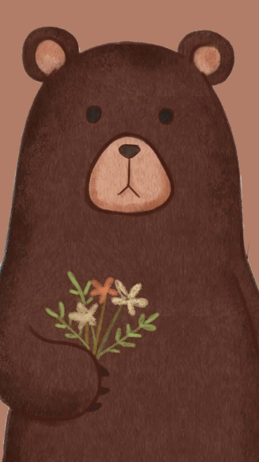 Brown Bear Holding Flowers Illustration Wallpaper