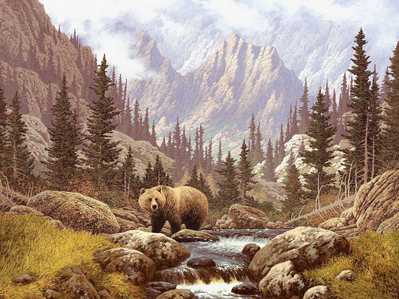 Brown Bear In Forest Art Wallpaper