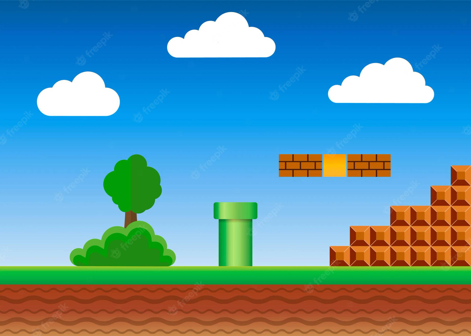 Brown Brick Stair Retro Mario And Green Tree Wallpaper