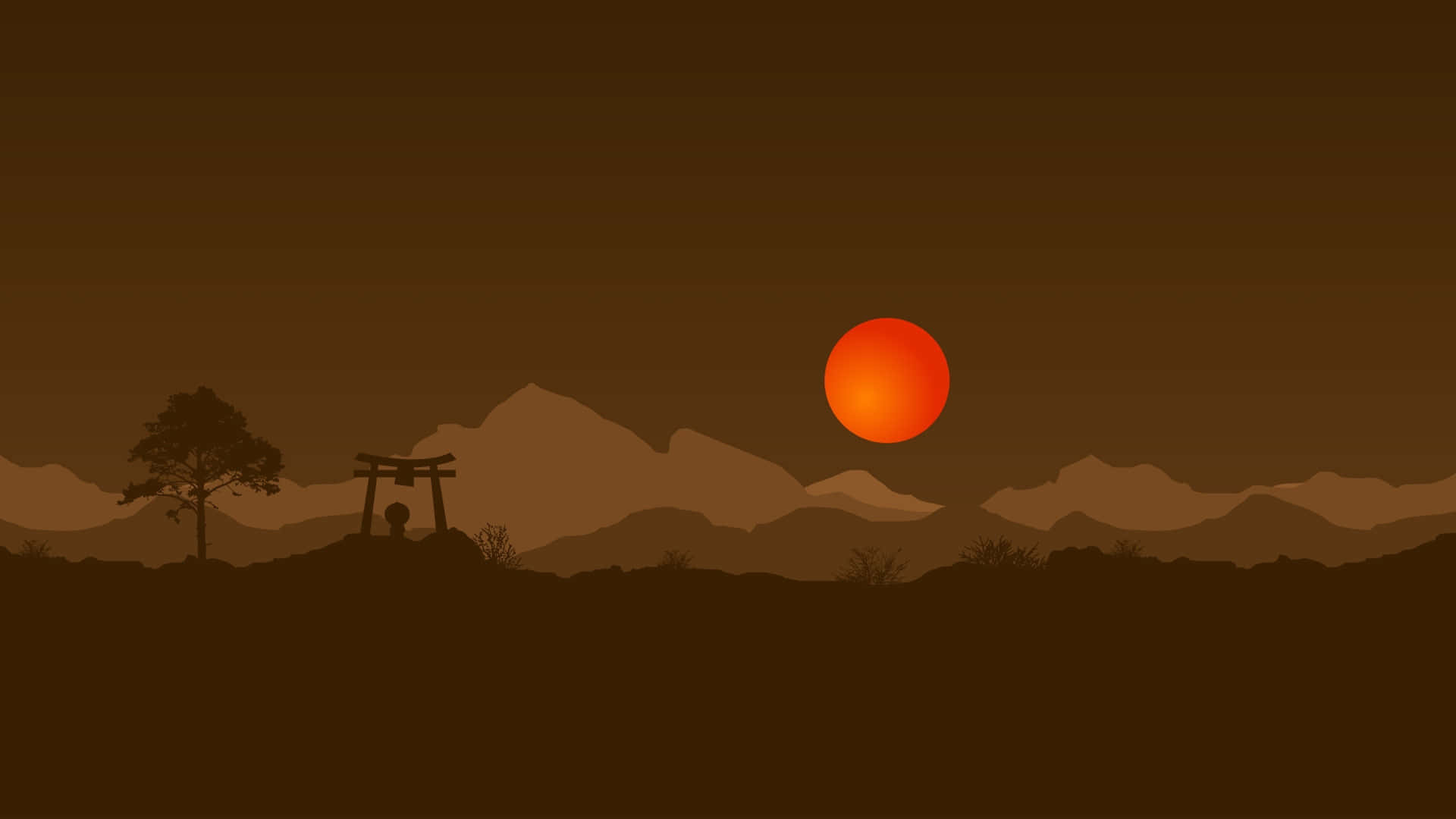 A Silhouette Of A Mountain With A Sun In The Background Wallpaper
