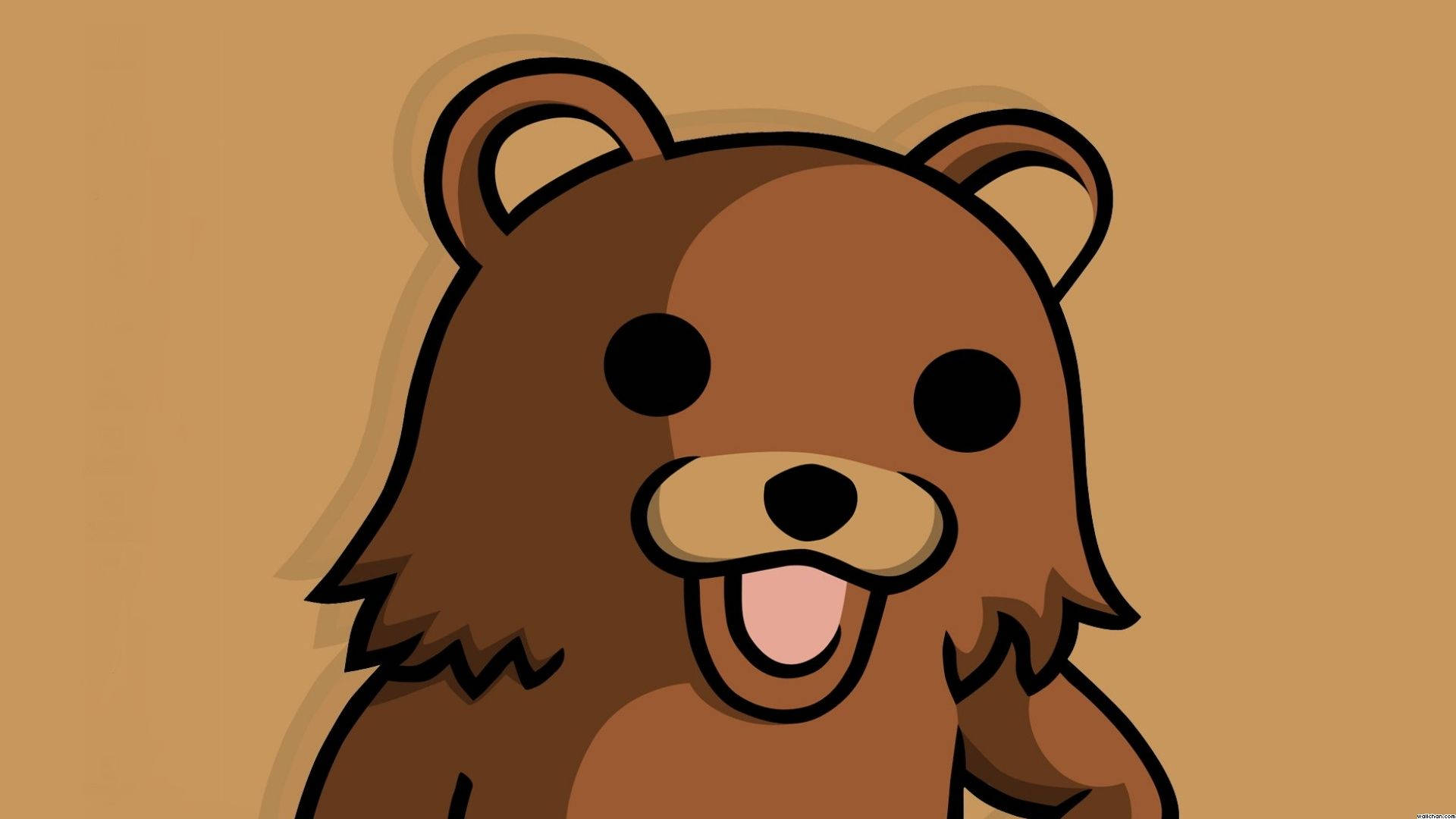 Funny brown pedo bear meme with black eyes and open mouth on light brown background. 